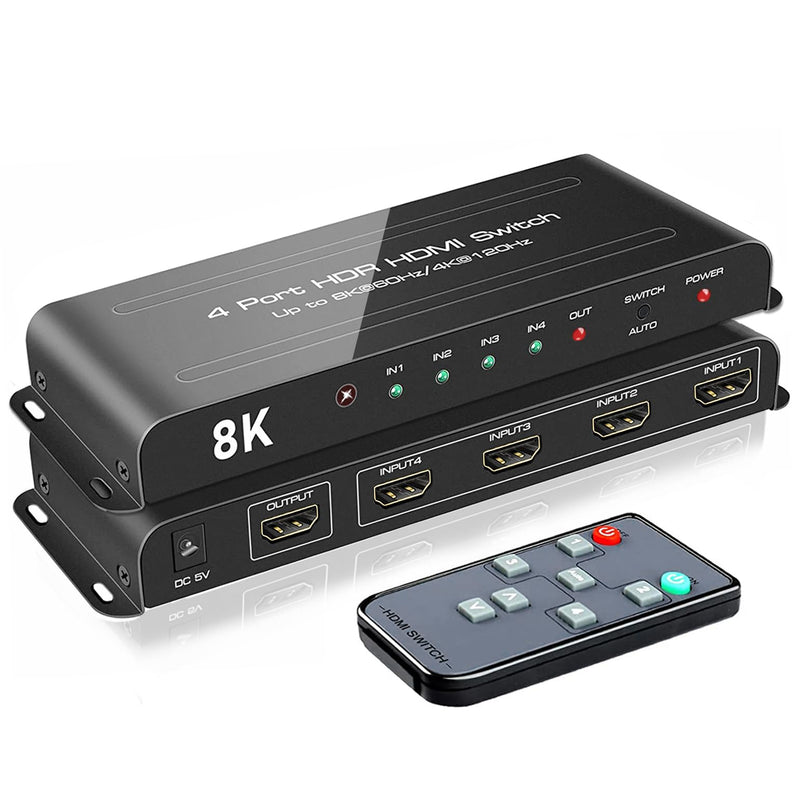 [Australia - AusPower] - ROOFULL 4 Ports 8K HDMI 2.1 Switch 4 in 1 Out 8K@60Hz 4K@120Hz HDMI Switcher Selector with Remote Support Auto-Switching 48Gbps HDR 10+ Dolby Vision/Atmos HDCP 2.3 CEC Z-Black (8K) 