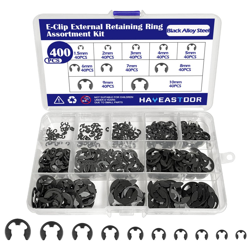 [Australia - AusPower] - 400PCS 10 Size E-Clips Assortment Kit Black Alloy Steel E Clip Circlip External Retaining Ring Washer Includes Sizes 1.5mm-10mm HE002 