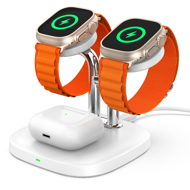 [Australia - AusPower] - Dual Watch Charger Stand for Apple Watch, 3 in 1 Wireless Charging Station Stand Compatible with Apple Watch Ultra 2/9/8/7/6/5/3/2/SE, Wireless Charger Dock for Airpods Pro 2/3/2 (White) White 