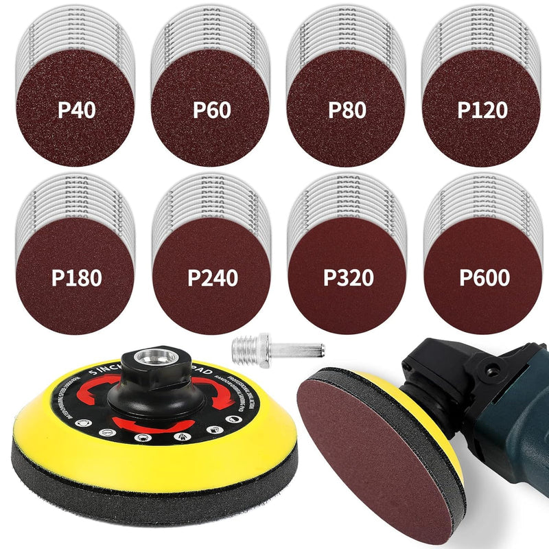 Pomsare Sanding Discs Set 125 mm for Angle Grinder - 80 Pieces Sandpaper with M14 Sanding Disc and Shaft - Angle Grinder Accessories for Wood and Metal - Improved Version