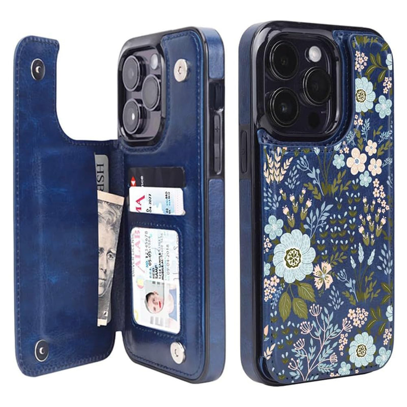 [Australia - AusPower] - uCOLOR Compatible with iPhone 15 Pro 6.1" Wallet Case with Card Holder Slot Folio Flip PU Leather Kickstand Double Magnetic Clasp and RFID Blocking Design Cover 6.1 Inch (Navy Blue Flowers) Navy Blue Flowers iPhone 15 Pro 6.1" 