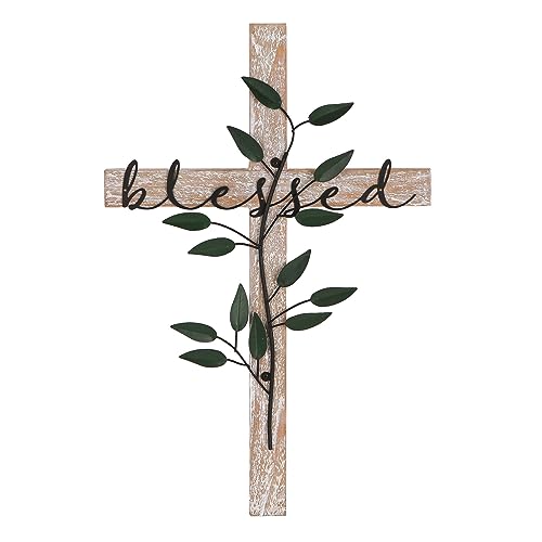 NIKKY HOME Wall Cross, Rustic Wooden Cross With Metal Leaves Blessed
