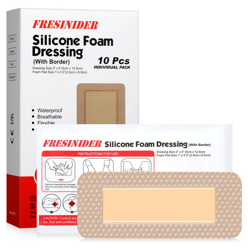 [Australia - AusPower] - 2"x5"?Pack of 10) Silicone Foam Wound Dressing - Waterproof Adhesive Bandages with Bordered - Super Absorbent & Breathable for Optimal Wound Care 2 X 5 Inches?pack of 10) 