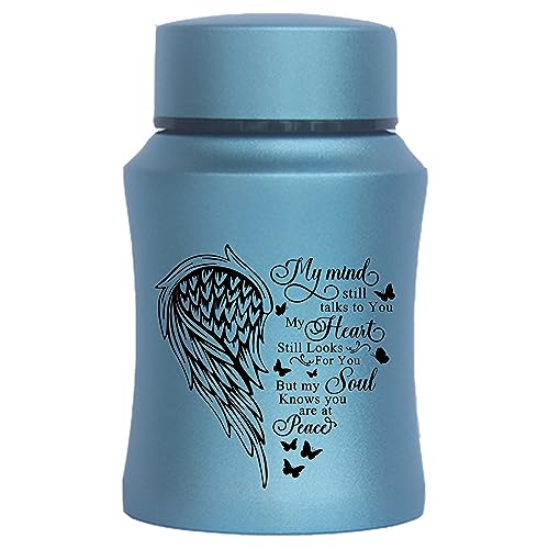 4.5 Inches Small Urn for Human Ashes Stainless Steel Mini Cremation Urn Small Keepsake Urn Heart Wing Pattern Memorial Ashes Container-Blue Wing-Blue