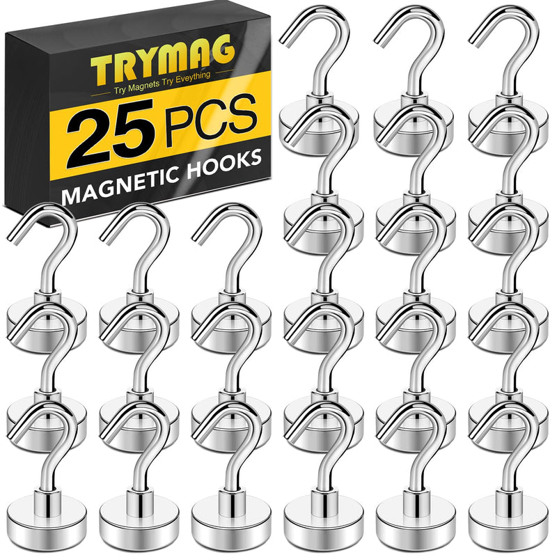 [Australia - AusPower] - TRYMAG Magnetic Hooks Heavy Duty, 28Lbs Super Strong Magnet Hooks for Hanging, Neodymium Earth Magnets with Hook for Refrigerators and Cruise Cabin, Grill, Workplace-25pcs 25PCS Silver-28LBS 