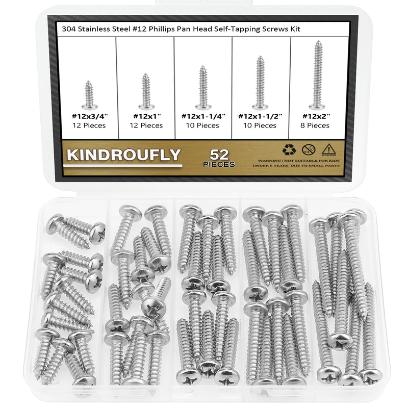[Australia - AusPower] - 52 Pieces #12 x 3/4" 1" 1-1/4" 1-1/2" 2" Phillips Pan Head Self-Tapping Screws, Wood Screws Assortment Kit, 304 Stainless Steel 