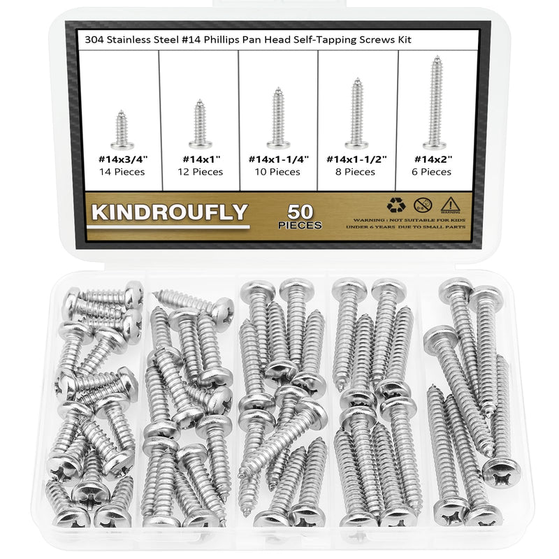 [Australia - AusPower] - 50 Pieces #14 x 3/4" 1" 1-1/4" 1-1/2" 2" Phillips Pan Head Self-Tapping Screws, Wood Screws Assortment Kit, 304 Stainless Steel 