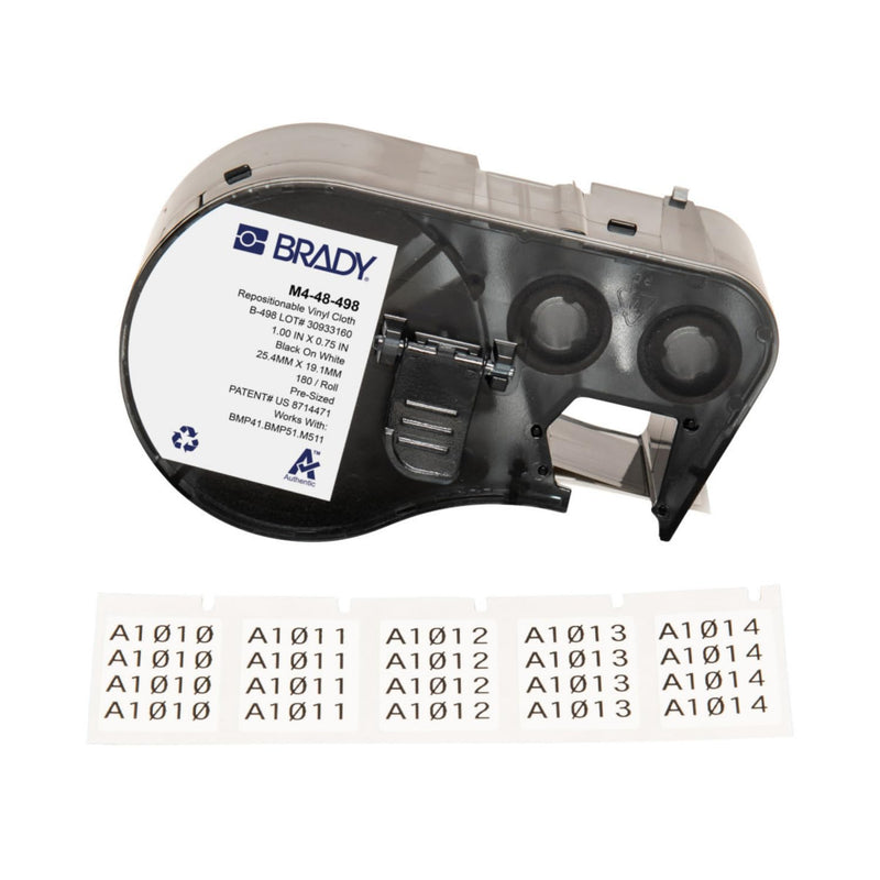 Brady Authentic (M4-48-498) Repositionable Multi-Purpose Vinyl Cloth Labels 0.75" H x 1" W Black on White, 180 Labels. for use with The BMP41, BMP51, and M511 Label Printers