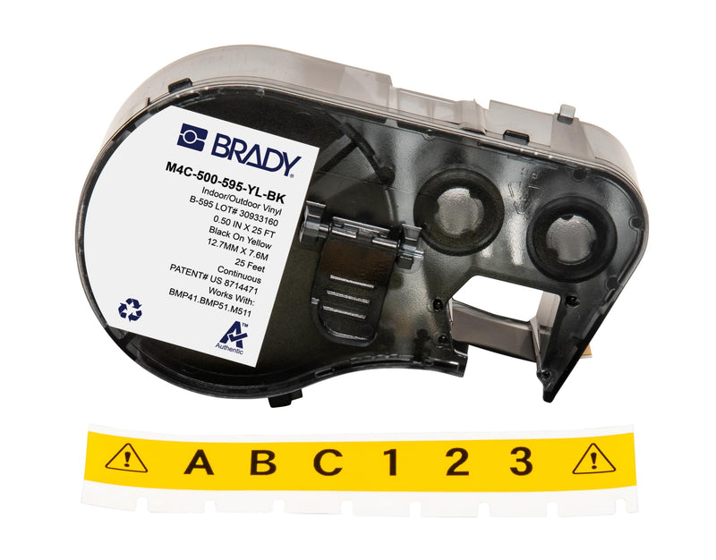 Brady Authentic (M4C-500-595-YL-BK) All-Weather Vinyl Labels 0.5 in W x 25ft Black on Yellow. for use with BMP41, BMP51, M410, M510, and M511 Label Printers.