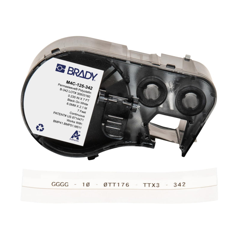 Brady Authentic (M4C-125-342) PermaSleeve® Heat-Shrink Labels Polyolefin 0.125 in Black on White, 7 ft roll. for use with The BMP41, BMP51, and M511 Label Printers