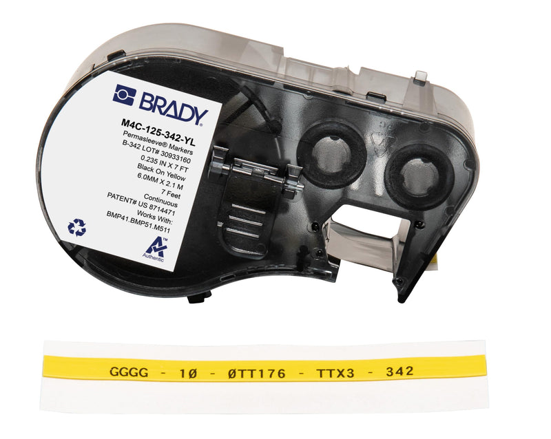 Brady Authentic (M4C-125-342-YL) PermaSleeve® Heat-Shrink Labels Polyolefin 0.125 in. Black on Yellow, 7 ft roll. for use with The BMP41, BMP51, and M511 Label Printers