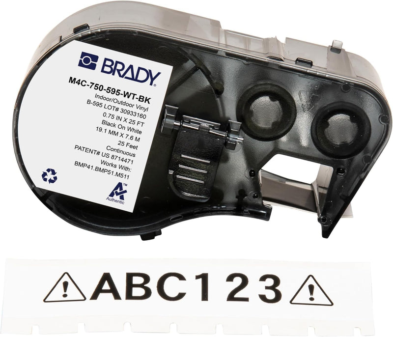 Brady Authentic (M4C-750-595-WT-BK) All-Weather Vinyl Labels 0.75 in W x 25ft Black on White. for use with BMP41, BMP51, M410, M510, and M511 Label Printers.