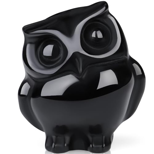 QINJIEJIE Black Obsidian Crystals Owl Figurines Natural Carved Stone Decor B - Black Obsidian 1.6inch