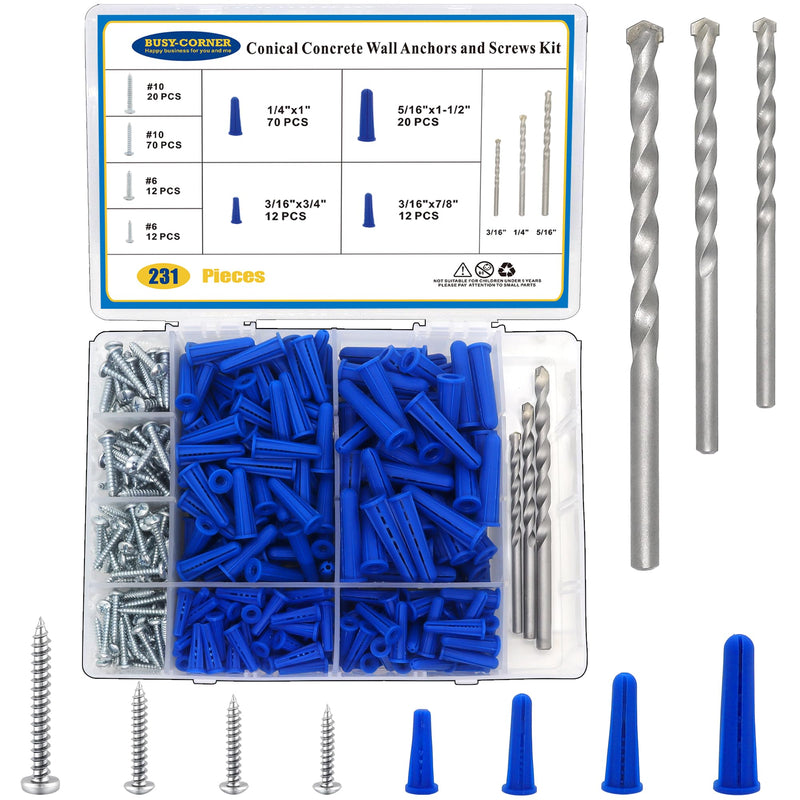 [Australia - AusPower] - Conical Concrete Wall Anchors and Screws Assortment Kit, 228 Pcs Masonry Anchors with 3PCs Drill Bit,114 Brick Wall Anchors and 114 Self Tapping Screws, Blue 