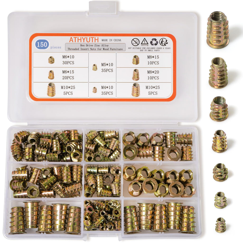 Threaded Inserts for Wood, 150 pieces Zinc Alloy Thread Inserts Nuts Assortment kit for Soft Wood, Hex Socket Flanged Threaded Wood Inserts M4 M5 M6 M8 M10 Screw Inserts for Wood Forniture