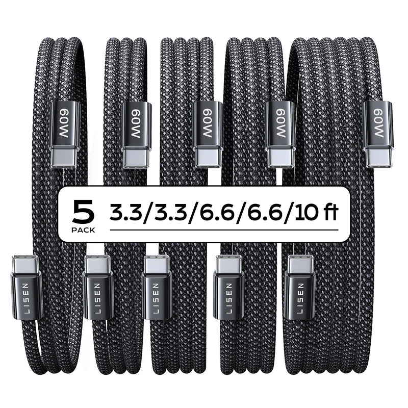 [Australia - AusPower] - LISEN USB C Cable, 5-Pack [3.3/3.3/6.6/6.6/10FT] USBC to USBC Cable for iPhone 15 Pro Max Plus, 60W (3.1A) C to C Cable Fast Charging for Samsung S24/23, iPad 10th/Pro/Air 11-13inch, MacBook Air/Pro 3.3+3.3+6.6+6.6+10FT Black 
