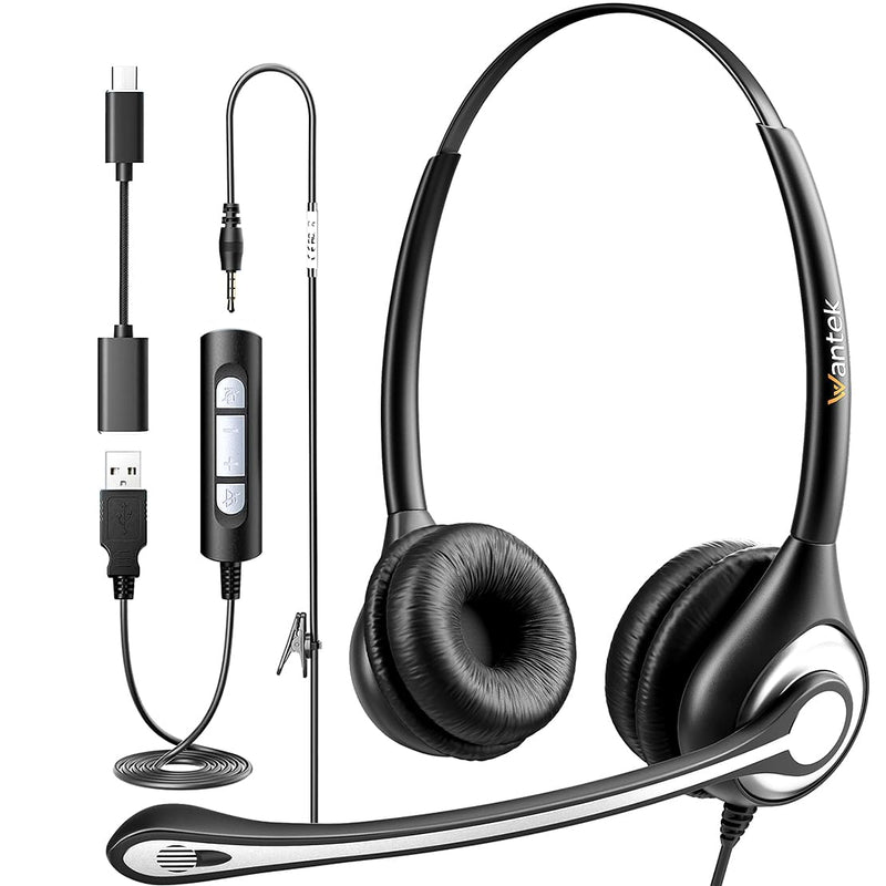 [Australia - AusPower] - Wantek USB Headset with Mic for PC, On-Ear Computer Laptop Headphones with Noise Cancelling Microphone in-line Control for Home Office Online Class Skype Zoom SC2Black 