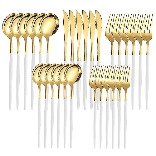 Kawlity Stainless Steel Serving Flatware Durable White & Gold Polished Knives Spoon Forks 30 Pcs Utensil Dinner Tableware, for Kitchen Dishwasher Adults and Children Ideal Gift White Gold