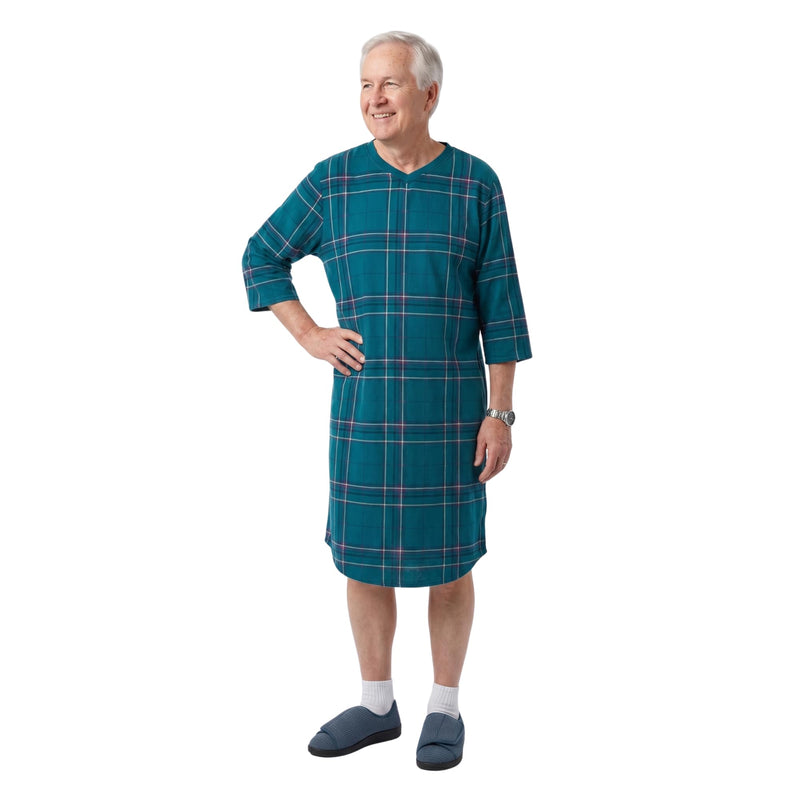 Silverts Men's Adaptive Open Back Flannel Gown, Assisted Dressing Nightgown | For elderly, nursing home & recovery wear, snap shoulders, warm cotton flannel Small Plaid Shirting