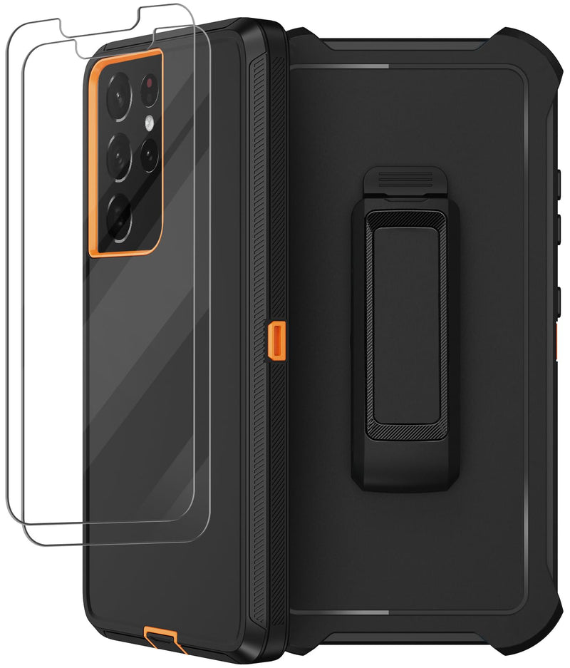 [Australia - AusPower] - for Samsung Galaxy S21 Ultra Case with Belt Clip Holster, 2X Screen Protector, Heavy Duty Full Body Shockproof Drop-Proof Rugged Protective Cover for Samsung Galaxy S21 Ultra 5G 6.8 inch (Orange) Orange 