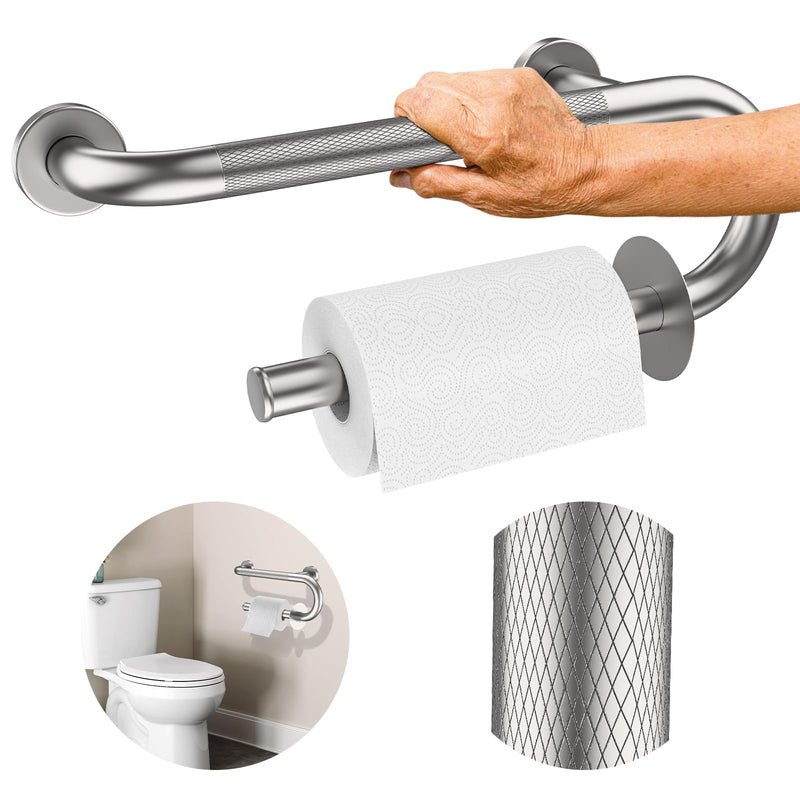 𝐔𝐩𝐠𝐫𝐚𝐝𝐞𝐝 Toilet Grab Bars 16 Inch - Toilet Paper Holder Grab Bar Stainless Steel Knurled Toilet Grab Bars for Seniors Bathtub Bathroom Rails for Elderly Safety Balance Support, Brushed Nickel