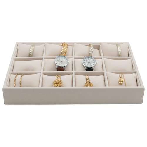 Jewelry Watch Tray, Beige Velvet Watch Jewelry Organizer 12 Grid, Stackable Watch Bracelet Bangle Display Holder, Adjustable Pillows, for Man Woman Show Birthday