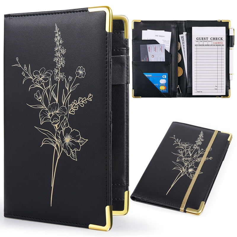 [Australia - AusPower] - Server Book, PU Leather Server Books for Waitress with Zipper Pockets, Waitress Book with Pen Holder Fit Server Apron Check Presenters for Restaurants Black 