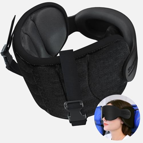 SARISUN travel pillow for airplanes in black, providing stable head support and comfort during travel.
