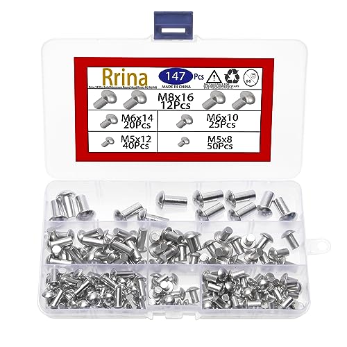 Rrina solid aluminum round head rivets assortment kit, 147 pieces in M5, M6, M8 and five sizes