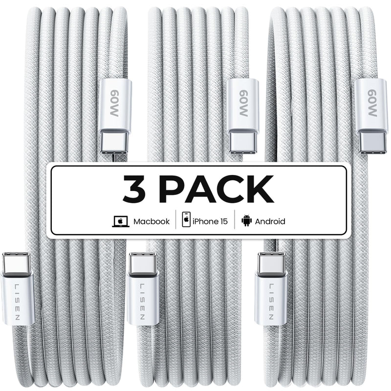 [Australia - AusPower] - LISEN USB C to USB C Cable Fast Charging, 60W 3-Pack 6ft USB C Cable Type C Fast Charging Charger Cable for iPhone 15 Pro Max Plus Samsung S24 S23 iPad Pro 13 12.9 11 inch, iPad Air 5 4, Mini 6 6.6FT+6.6FT+6.6FT White 