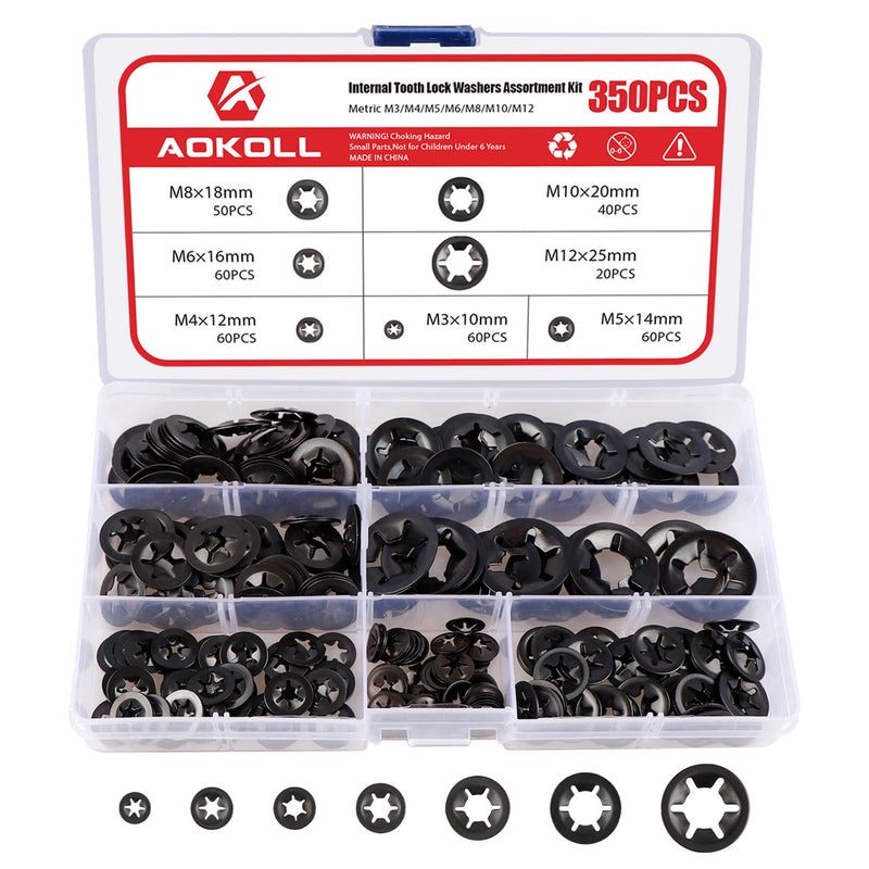 [Australia - AusPower] - 350PCS Internal Tooth Star Lock Washers, Push Nuts Assortment, Press On Retaining Locking Washer Assortment Kit (Black) Black 