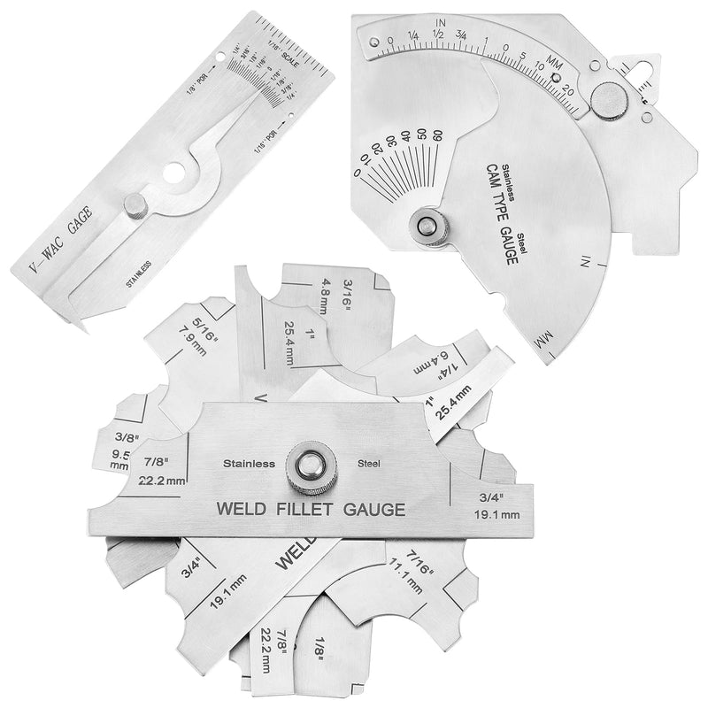 [Australia - AusPower] - Hicarer Set of 3 Gauge Kit Included 7 Piece Fillet Weld Gauge Gage Set, Single Weld Gauge and Stainless Steel Bridge Cam Gauge Kit, Weld Gauge Inspection Kit Welding Measuring Tools 