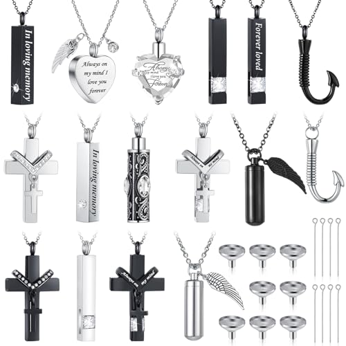 Huquary 16 Pcs Urn Necklace for Ashes Waterproof Stainless Steel Carved Ashes Locket with 8 Filling Kit Heart Cylinder Cross Cubic Fish Hook Jewelry for Ashes with Wing Diamond for Men Women White