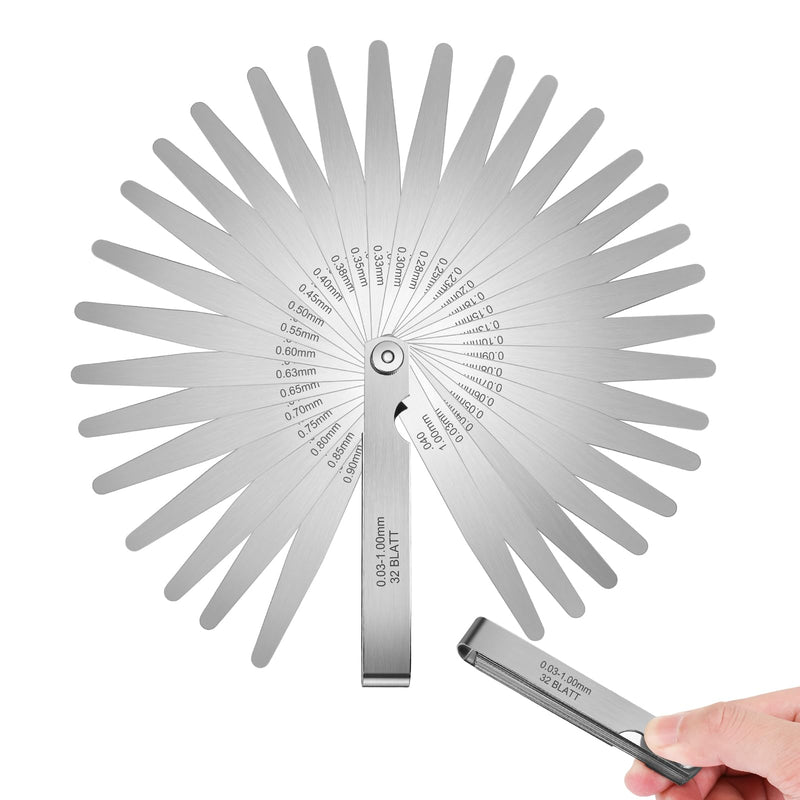 [Australia - AusPower] - 32 Blades Stainless Steel Feeler Gauge, Metric and Imperial Gap Measuring Tool Width and Thickness Feeler Gage Gauge for Spark Plug, Valve Adjustment Tool, 0.03-1mm (0.001-0.040 Inch) 0.001-0.040 Inch 