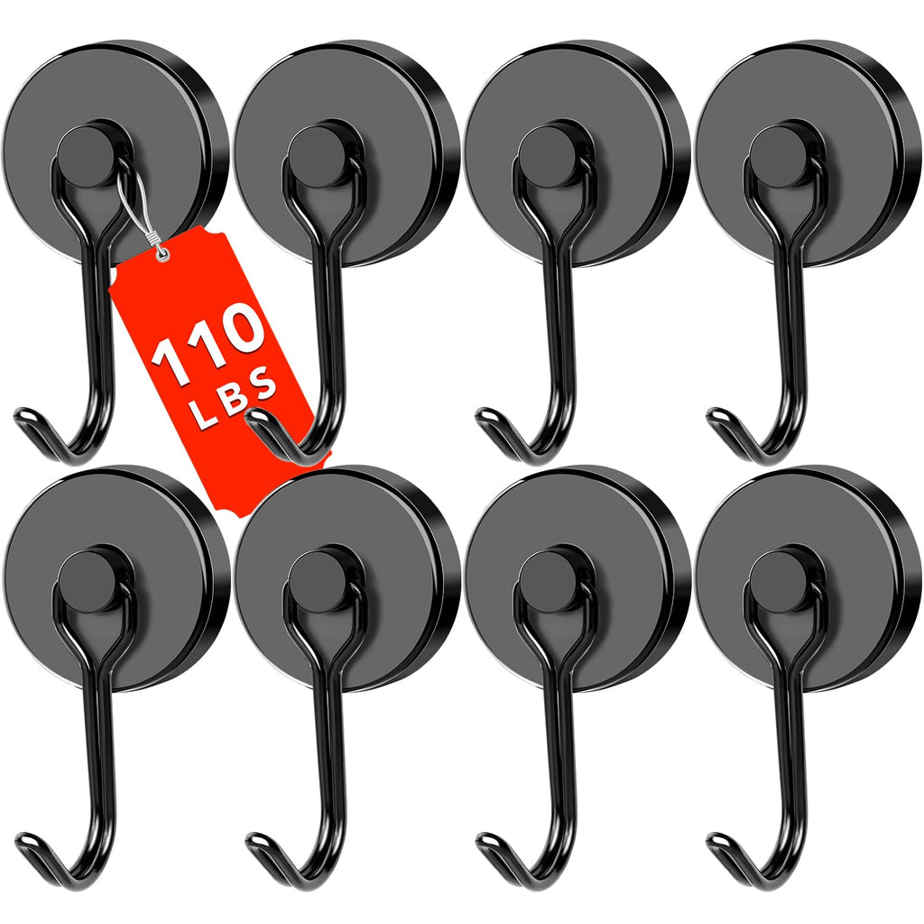 DIYMAG Black Magnetic Hooks, 110LBS Strong Magnetic Hooks heavy duty, Strong Magnet Hooks with Metal Hanger for Hanging Refrigerator Home Kitchen Office, 8Pack 110lbs+ 8P