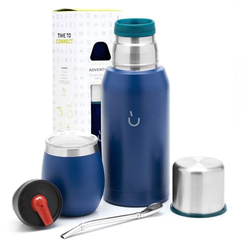 BALIBETOV Yerba Mate Kit - Includes 1 Mate Cup, 1 Straw, and 1 Thermal Flask with 2 Stoppers - The Stainless Steel Yerba Mate Gourd, Includes Lid (Blue) Blue
