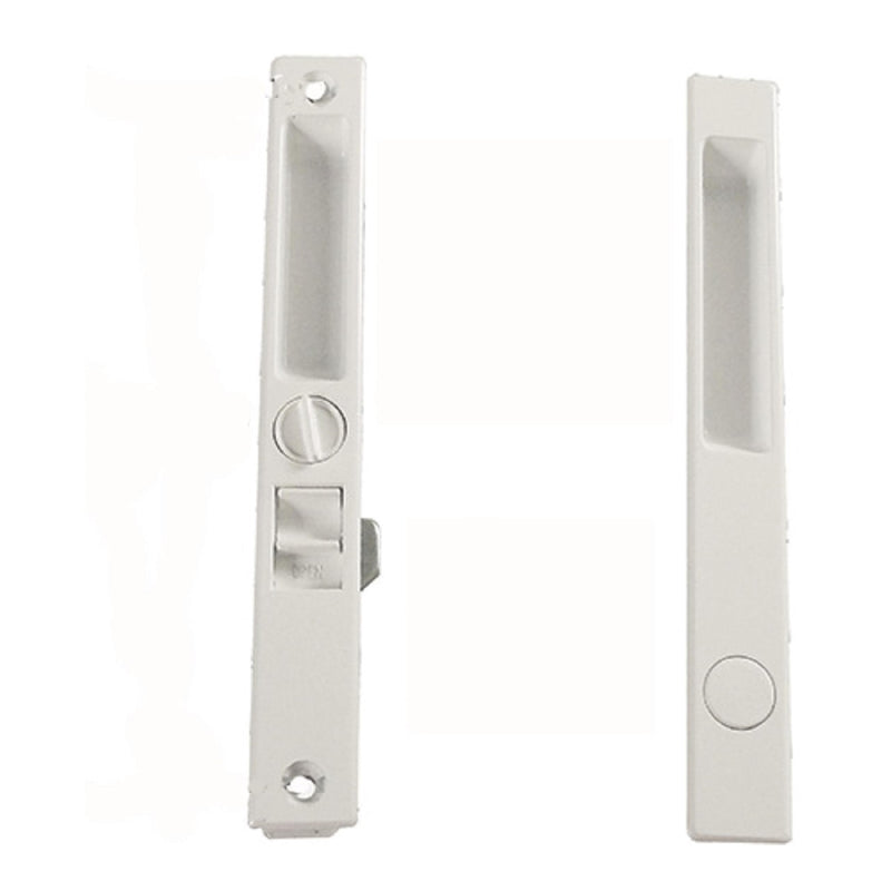 Sliding Glass Patio Door Lock Handle Set, Non-Keyed, Flush Mount, with Nite Lock,C Cam, and Keeper, White, 6-9/16" Screw Hole | Sliding Door Handle Replacement Hardware Repairs (DL-504) (White)