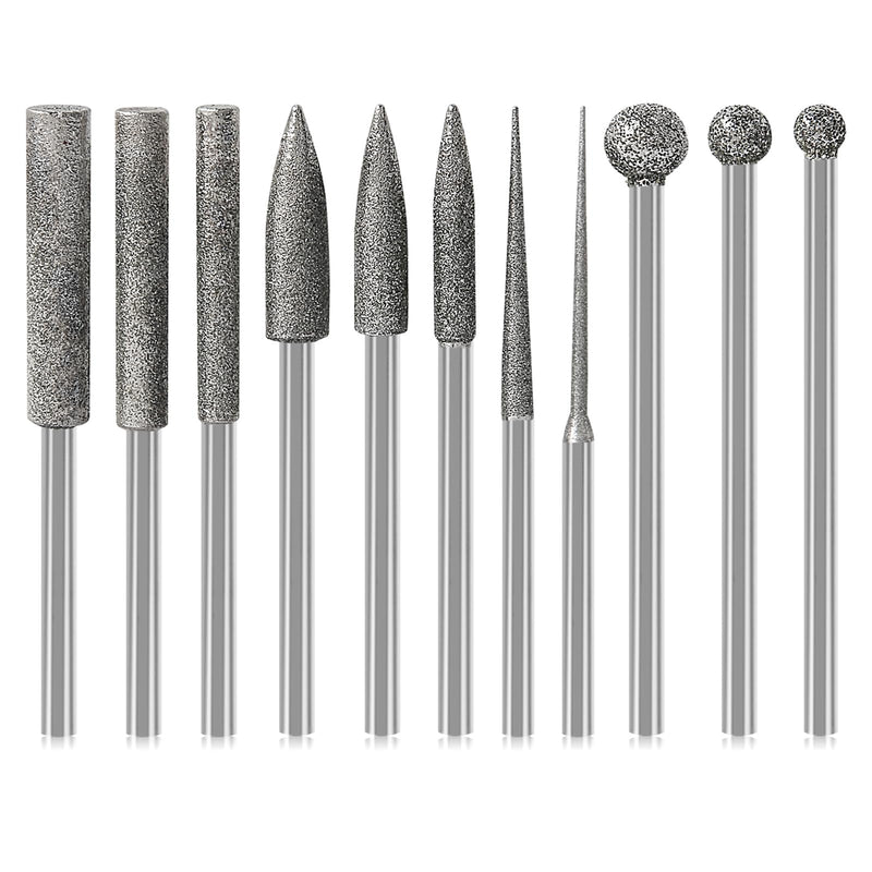 [Australia - AusPower] - Stone Carving Set Diamond Burr Bits Compatible with Dremel, 11PCS Polishing Kits Rotary Tools Accessories with 1/8 Shank for Carving, Engraving, Grinding, Stone, Rocks, Jewelry, Glass, Ceramics 0.5-6mm burr head 1/8'' shank 