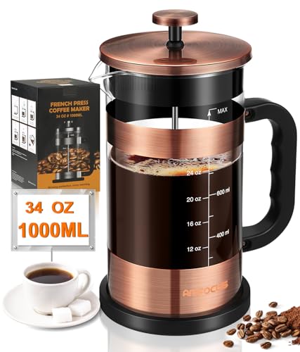 French Press Coffee Maker - 34 Ounce Classice Stainless Steel Coffee Press with 4-Level Filtration System, Heat Resistant Thickness Borosilicate Glass French Press Coffee Pot for Camping Travel Gift Copper