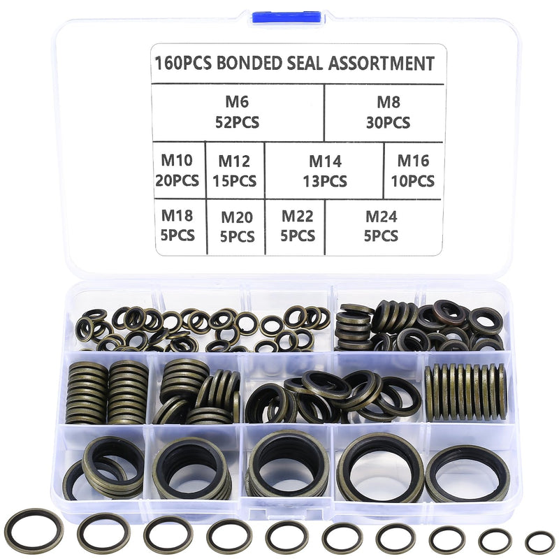 [Australia - AusPower] - 160 Pcs Bonded Seal Washers, Automotive Self-Centered Seal Gasket Set,Rubber Metal Bonded Sealing Washers, Hydraulic Oil Pipe Seal Gasket Washer, O-Ring Assortment Kit, 10 Sizes, M6 to M24 