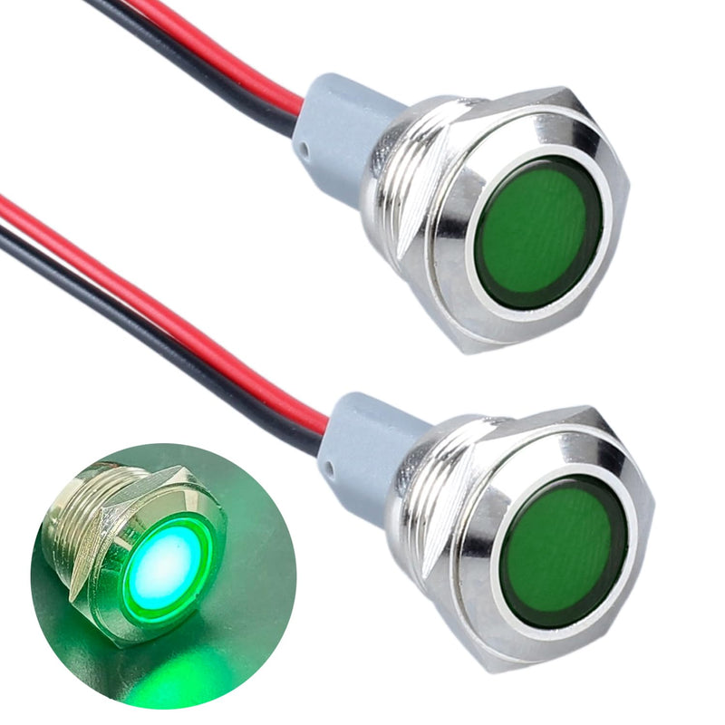 [Australia - AusPower] - 2PCS 16mm (5/8") LED Indicator Light, 12-24V AC/DC 20mA Energy Saving Metal Waterproof IP67 Single lamp LED Pilot Lamp Flat Head with 20cm/7.87in. Wire for Car Truck Boat(Green LED) Green 12-24V 16mm 