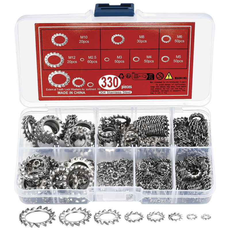 [Australia - AusPower] - 330 Pcs External Tooth Star Lock Washers, Stainless Steel External Starlock Washers Assortment Set, Tooth Locking Ring Washers Kit - M2.5 M3 M4 M5 M6 M8 M10 M12 