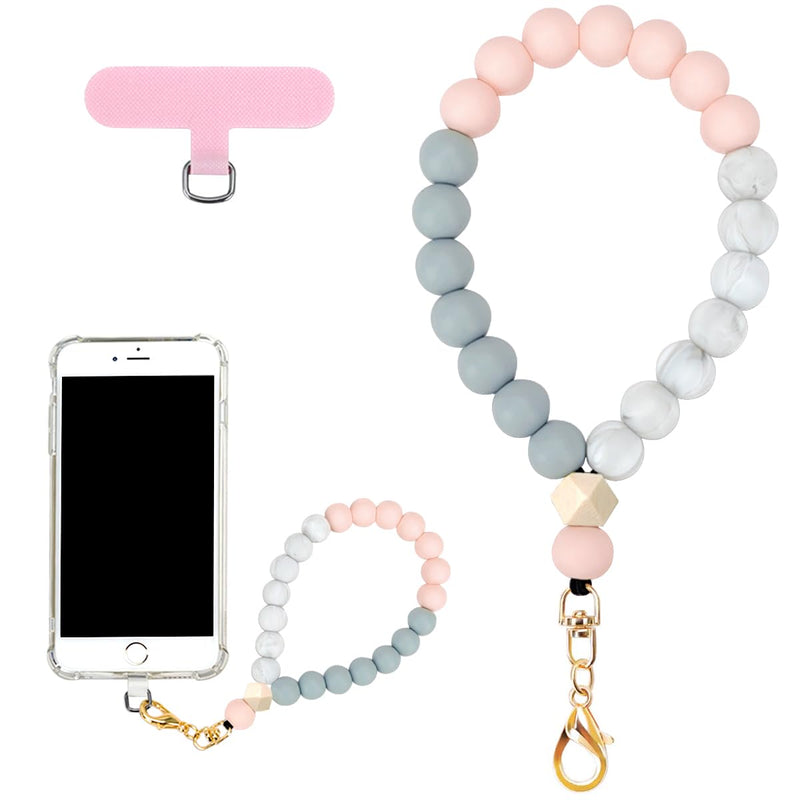 [Australia - AusPower] - Marble Silicone Beaded Phone Wrist Strap, Cellphone Lanyard with Tether Tab, Elastic Hands-Free Wristlet Bracelet Pink 