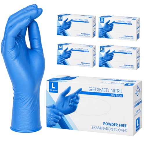 Gedikum Nitrile Disposable Gloves, Powder-Free, Latex-Free, Pack of 100/Box, Blue Nitrile Gloves, Available in Sizes XS, S, M, L, XL & XXL (L)