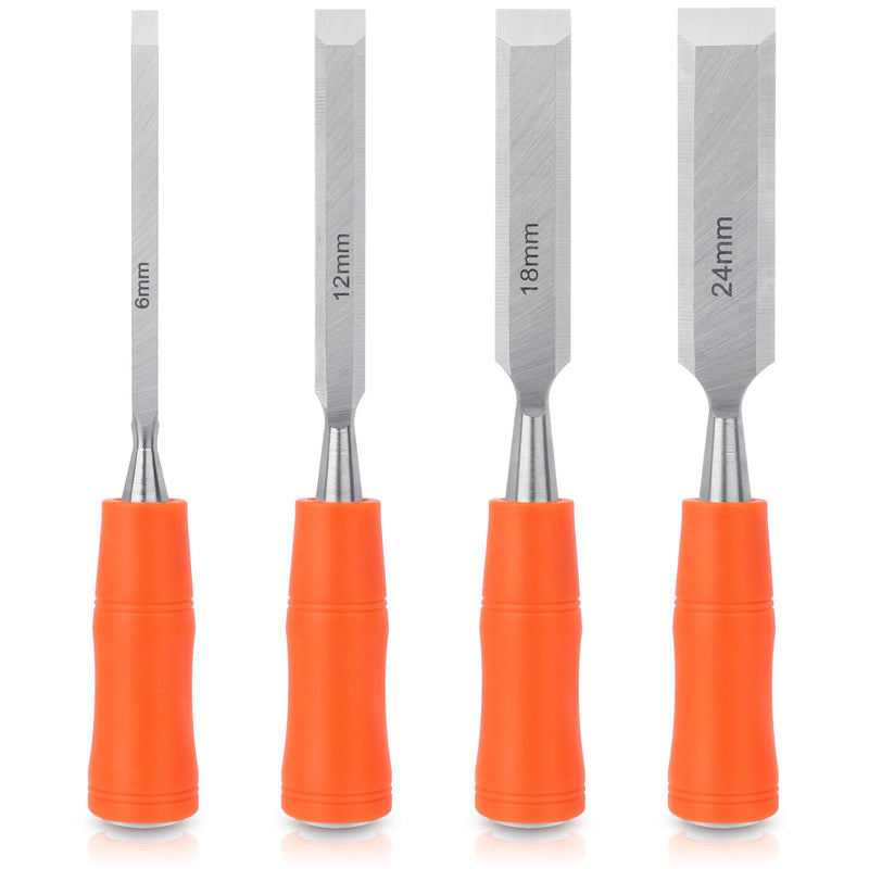 [Australia - AusPower] - 4 Piece Wood Chisel Sets Woodworking Tools Set, Wood Chisels for Woodworking with Steel Hammer End, Wood Tools Chisel Set Woodworking with Ergonomic Plastic Handle, 6mm, 12mm, 18mm, 24mm 