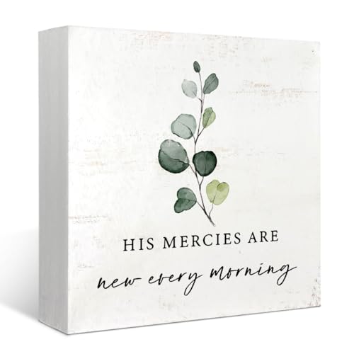 Mtrgdn His Mercies are New Every Morning Decor Sign,Christian Eucalyptus Desk Decor Sign,Bible Verses Wood Box Sign for Home Office Desk Shelf Wall Decor,5x5 Inch