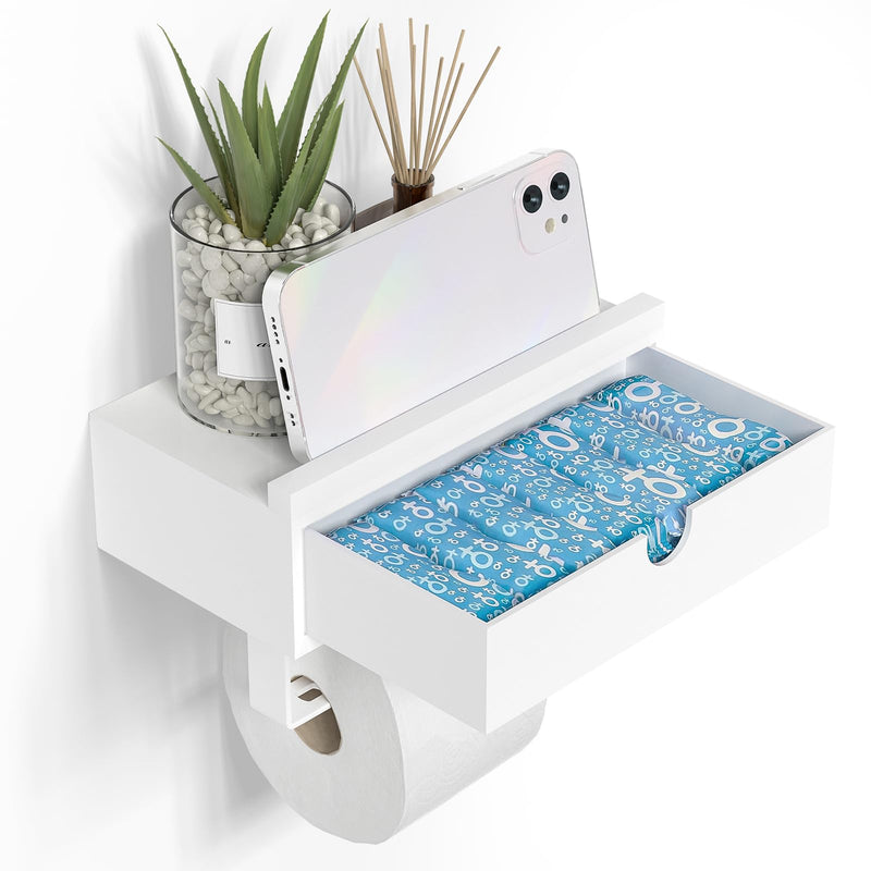 [Australia - AusPower] - Domax White Toilet Paper Holder with Shelf - Wall Mount/Adhesive Bathroom Toilet Paper Holder with Storage Drawer for Organizer Tampon or Small Items Bamboo Wood Tissue Toilet Paper Roll Holder, Small 