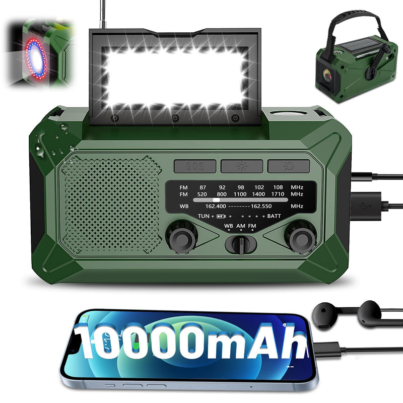 [Australia - AusPower] - 10000mAh Emergency Hand Crank Radio with LED Flashlight, AM/FM NOAA Portable Weather Alert Radio, Solar Powered Radio with Phone Charger, USB Charged, Headphone Jack, SOS Alarm, Compass for Outdoors 
