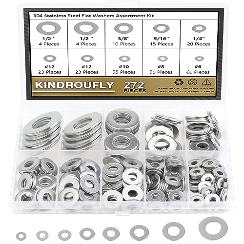 Kindroufly 304 stainless steel flat, fender, and lock washers assortment kit in 8 sizes, 272 pieces