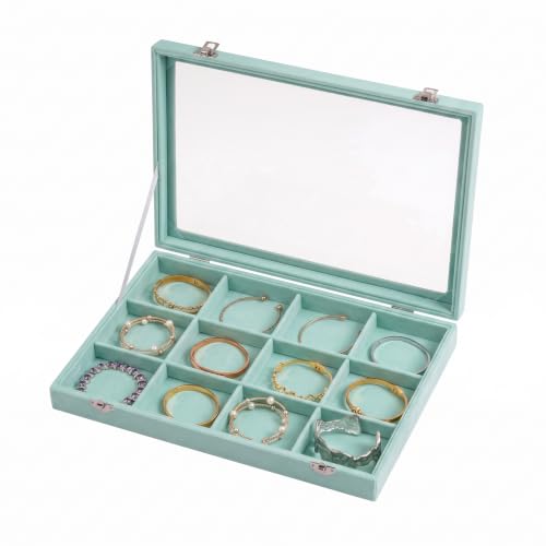 Frebeauty 12 Grid Bracelet Holder Box,Velvet Jewelry Tray with Clear Lid Turquoise